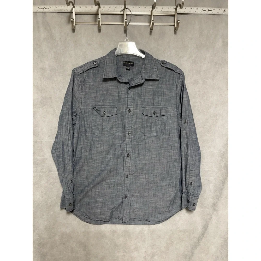 Banana Republic Shirt Men L Blue Chambray Denim Button Up Roll Tab Military Army